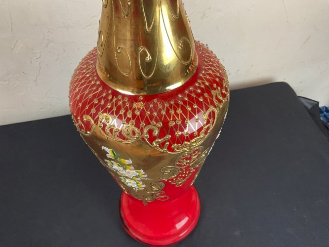 Vase Trefuochi italien en verre rubis émaillé de Murano or 24 carats HANDMADE