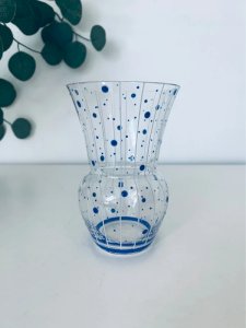 Vase Tulipe Vintage 70s Verre Décor Pois Bleus et Rayures
