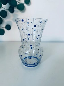 Vintage 70s Tulip Vase Glass Blue Dots and Stripes Decor