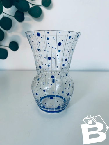 Vase Tulipe Vintage 70s Verre Décor Pois Bleus et Rayures
