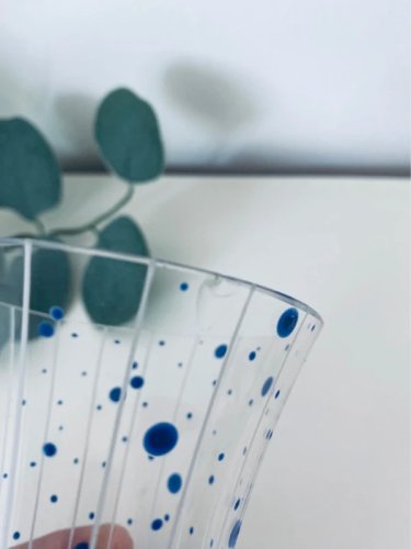 Vase Tulipe Vintage 70s Verre Décor Pois Bleus et Rayures