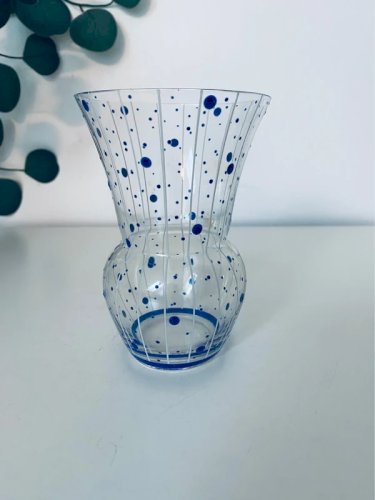 Vase Tulipe Vintage 70s Verre Décor Pois Bleus et Rayures