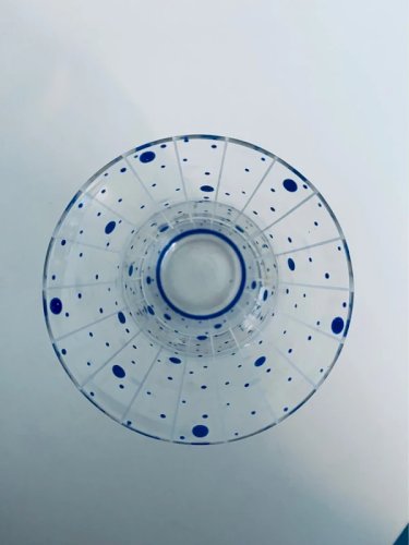 Vase Tulipe Vintage 70s Verre Décor Pois Bleus et Rayures