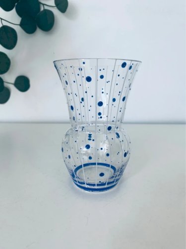 Vase Tulipe Vintage 70s Verre Décor Pois Bleus et Rayures