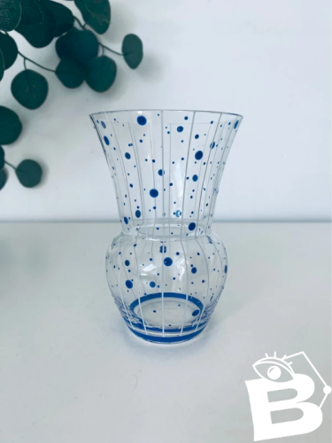 Vase Tulipe Vintage 70s Verre Décor Pois Bleus et Rayures