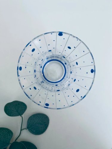 Vase Tulipe Vintage 70s Verre Décor Pois Bleus et Rayures