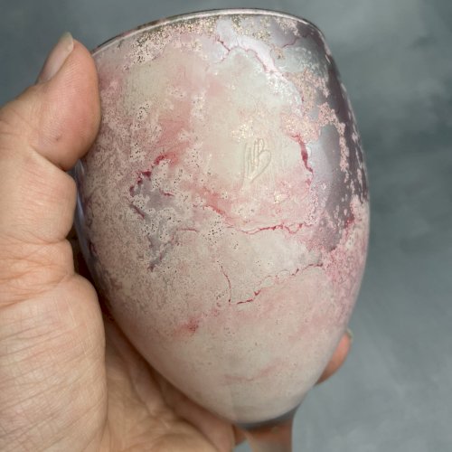 Vase verre à pied laque Jean Noel Bouillet verre laqué rose argenté Haut.~20.5cm