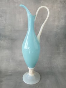 Large blue & white opaline glass pitcher vintage ~38.5 cm