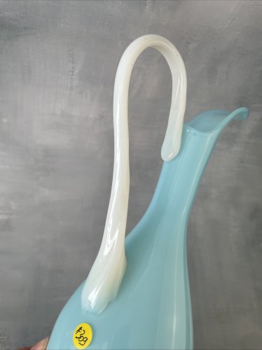 Vase verseuse grande aiguière opaline bleu & blanc verre opalin vintage ~38,5 cm