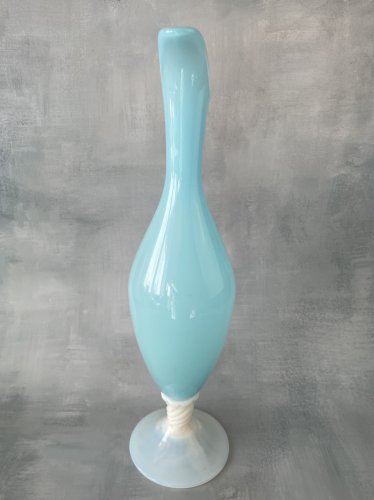 Vase verseuse grande aiguière opaline bleu & blanc verre opalin vintage ~38,5 cm