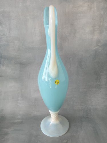 Vase verseuse grande aiguière opaline bleu & blanc verre opalin vintage ~38,5 cm