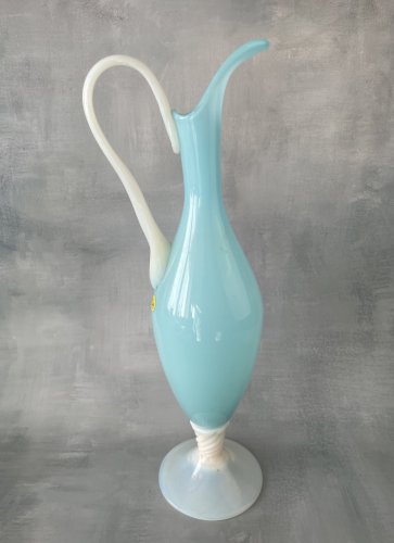 Vase verseuse grande aiguière opaline bleu & blanc verre opalin vintage ~38,5 cm