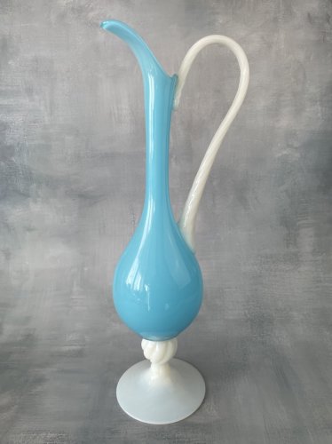 Vase verseuse grande aiguière opaline bleu & blanc verre opalin vintage ~40 cm