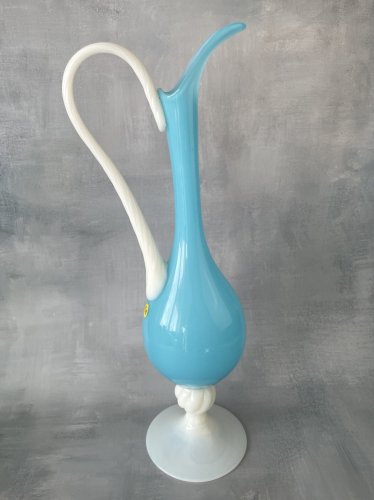 Vase verseuse grande aiguière opaline bleu & blanc verre opalin vintage ~40 cm
