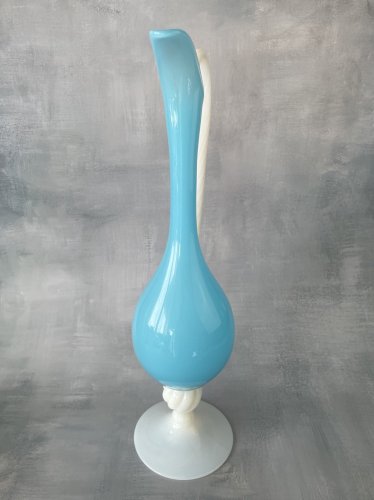 Vase verseuse grande aiguière opaline bleu & blanc verre opalin vintage ~40 cm