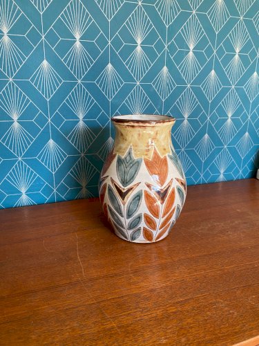 Vase vintage en céramique émaillée et cloisonnée, signé Malarmey. 1950.