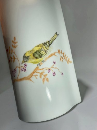 Vase vintage M.P. Samie Union Limousine – Porcelaine française – Oiseaux peints à la main – Décor signé – 20 cm