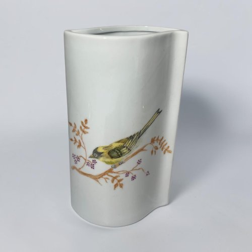 Vase vintage M.P. Samie Union Limousine – Porcelaine française – Oiseaux peints à la main – Décor signé – 20 cm