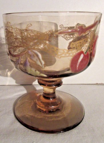 Verre à griottes Art Nouveau, verre ambre à pied, émaillé de cerises, liqueur