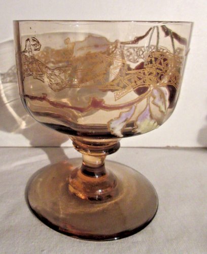 Verre à griottes Art Nouveau, verre ambre à pied, émaillé de cerises, liqueur