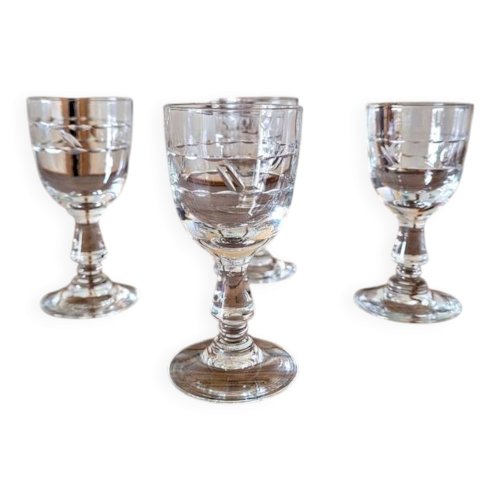 Verres à liqueur (digestif) vintage en verre gravé, décor géométrique