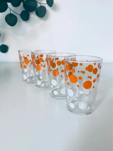 Verres Publicitaires Gondolo Vintage 1970 Pois Orange et Blanc Pop