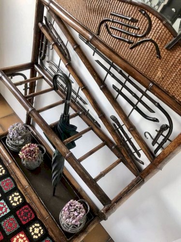 Vestiaire vintage, meuble ancien pour entrée, porte manteaux bambou