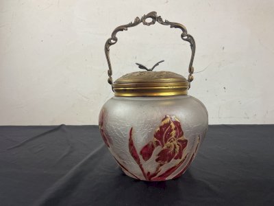 VICTOR SAGLIER-Seau à biscuit-art nouveau-verre dégagé à l' acide givré-papillon