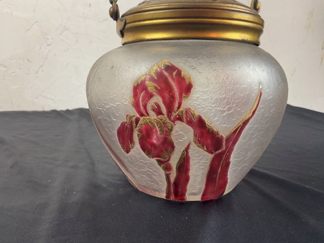 VICTOR SAGLIER-Seau à biscuit-art nouveau-verre dégagé à l' acide givré-papillon