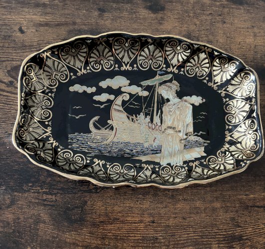 Vide-poche / Plat Grec vintage antique noir et doré - Style Hollywood regency - idée cadeau Noël 