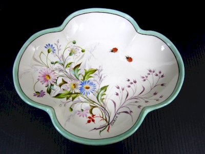 Polylobed Pocket Tray Faïence Longwy 1884 Hand-Painted Decor Signed Marie C.