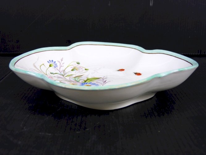 Vide Poche Polylobé Coupelle Faïence Longwy 1884 Décor Peint Main Signé Marie C.