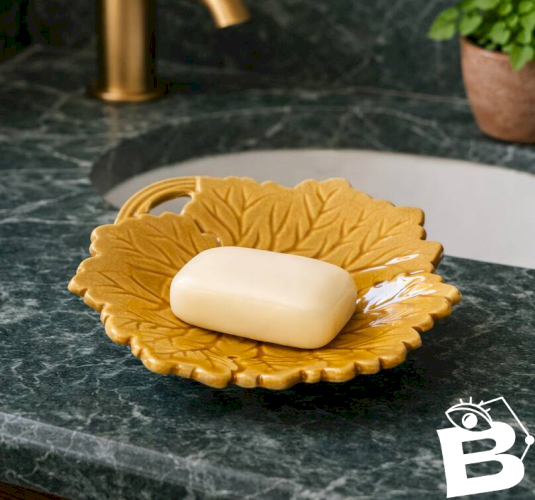 Vide poche, porte-savon vintage en barbotine ocre formant une feuille