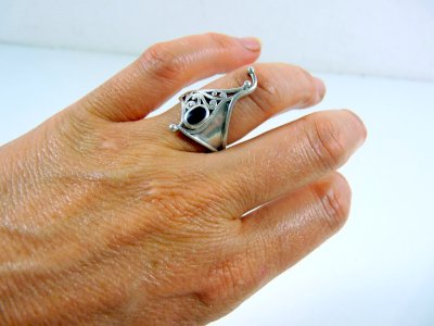 Vintage Gothic Ring Venice Silver 925 Onyx Stone Hallmark T - 57/58 P - 4.2 g