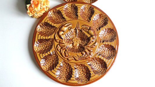 Vintage Barbotine Grand Plat à Huîtres, Ateliers du Revernay Sarreguemines