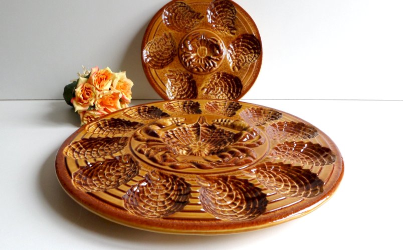 Vintage Barbotine Grand Plat à Huîtres, Ateliers du Revernay Sarreguemines