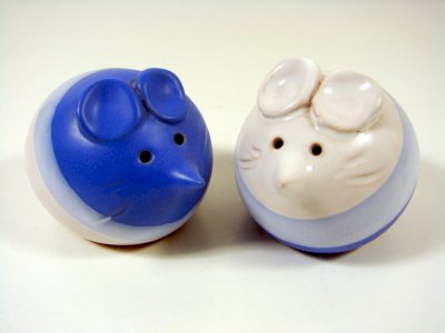 Vintage Pair of Painted Ceramic Salts Mouse Decor