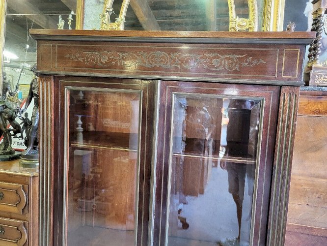VITRINE BIBLIOTHEQUE NAPOLEON III A MARQUETERIE DE LAITON EN ACAJOU DU XIX è N°1