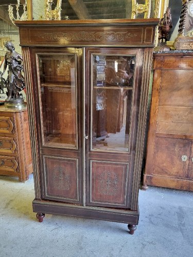 VITRINE BIBLIOTHEQUE NAPOLEON III A MARQUETERIE DE LAITON EN ACAJOU DU XIX è N°1