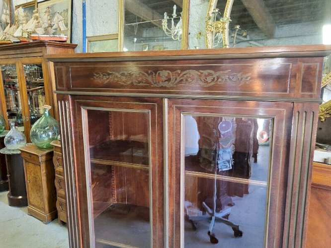 VITRINE BIBLIOTHEQUE NAPOLEON III A MARQUETERIE DE LAITON EN ACAJOU DU XIX è N°2