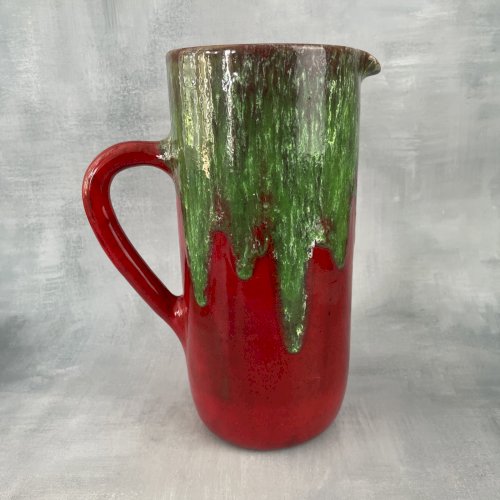 VULCAIN  Pichet broc cruche verseuse céramique rouge et vert vintage Haut.~26cm