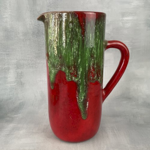 VULCAIN  Pichet broc cruche verseuse céramique rouge et vert vintage Haut.~26cm